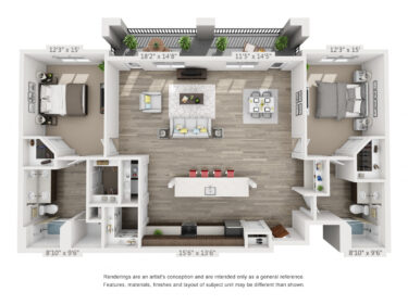 Rendering of the High Country floor plan with 2 bedroom[s] and 2 bathroom[s] at 4th West