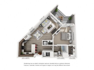 Rendering of the Shoreline floor plan with 1 bedroom[s] and 1 bathroom[s] at 4th West