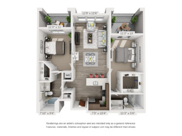 Rendering of the Olympus floor plan with 2 bedroom[s] and 2 bathroom[s] at 4th West