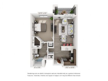 Rendering of the Silver floor plan with 1 bedroom[s] and 1 bathroom[s] at 4th West