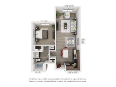 Rendering of the Rockwell floor plan with 1 bedroom[s] and 1 bathroom[s] at 4th West