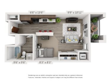 Rendering of the Prospector floor plan with a Studio bedroom and 1 bathroom[s] at 4th West