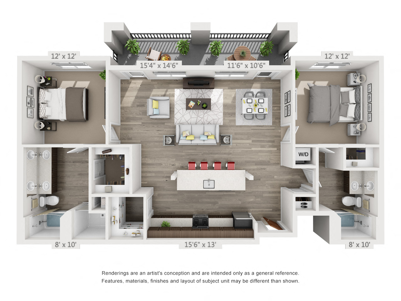 Rendering of the Mill B floor plan with 2 bedroom[s] and 2 bathroom[s] at 4th West