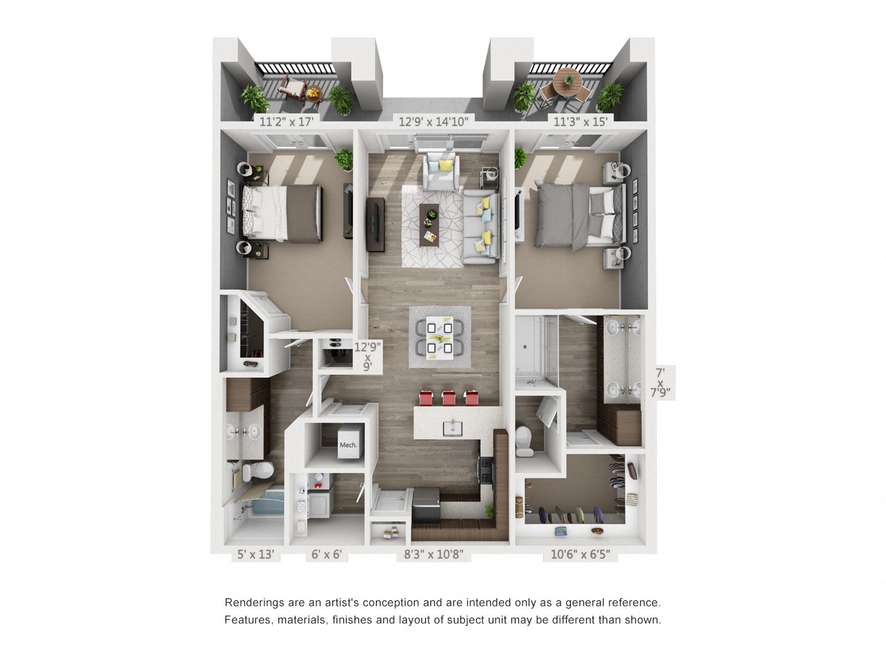 Rendering of the White Pine floor plan with 2 bedroom[s] and 2 bathroom[s] at 4th West