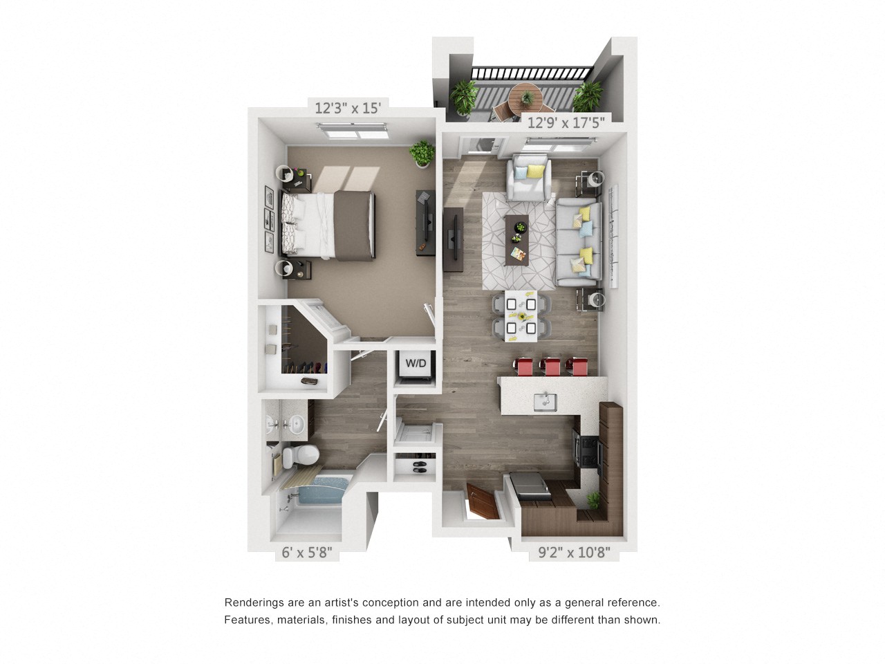 Rendering of the Silver floor plan with 1 bedroom[s] and 1 bathroom[s] at 4th West