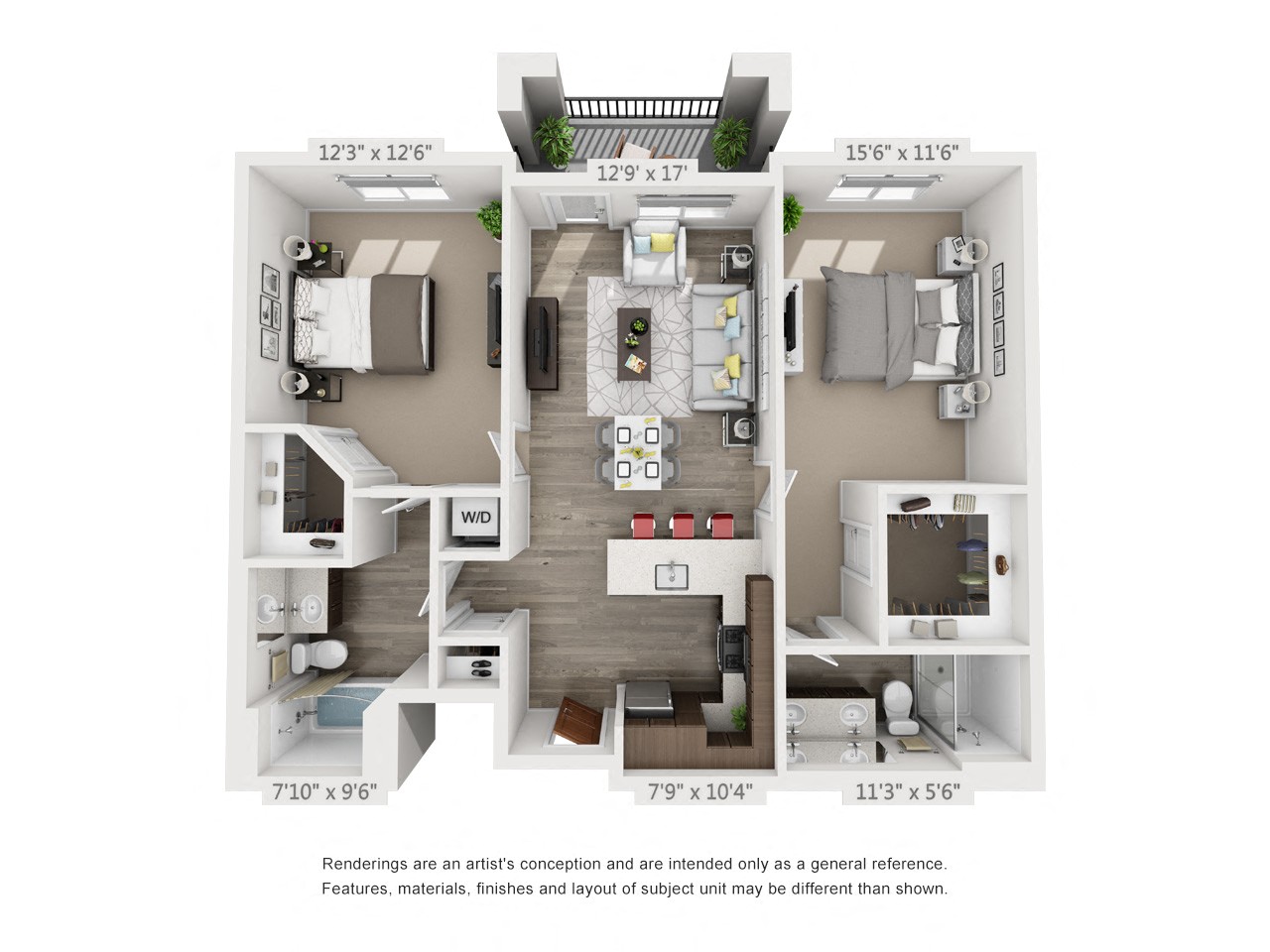 Rendering of the Ensign floor plan with 2 bedroom[s] and 2 bathroom[s] at 4th West