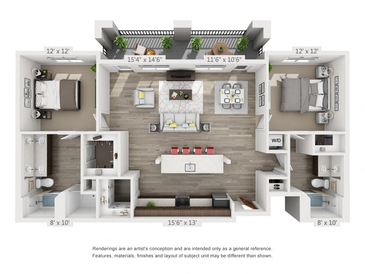 Rendering of the Mill B floor plan with 2 bedroom[s] and 2 bathroom[s] at 4th West