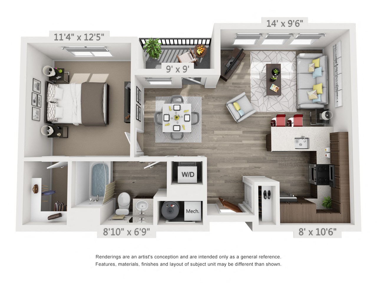 Rendering of the Cottonwood floor plan with 1 bedroom[s] and 1 bathroom[s] at 4th West