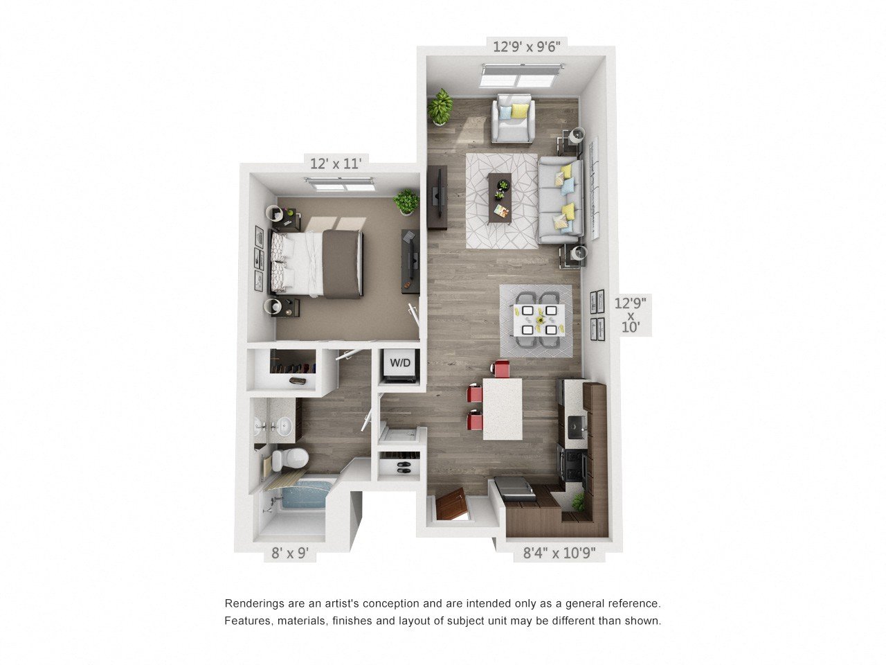 Rendering of the Rockwell floor plan with 1 bedroom[s] and 1 bathroom[s] at 4th West
