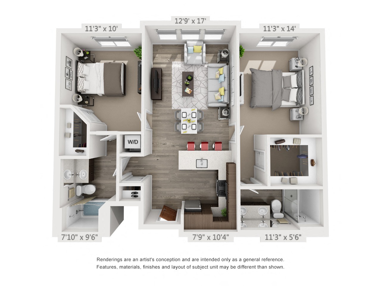 Rendering of the Frary floor plan with 2 bedroom[s] and 2 bathroom[s] at 4th West
