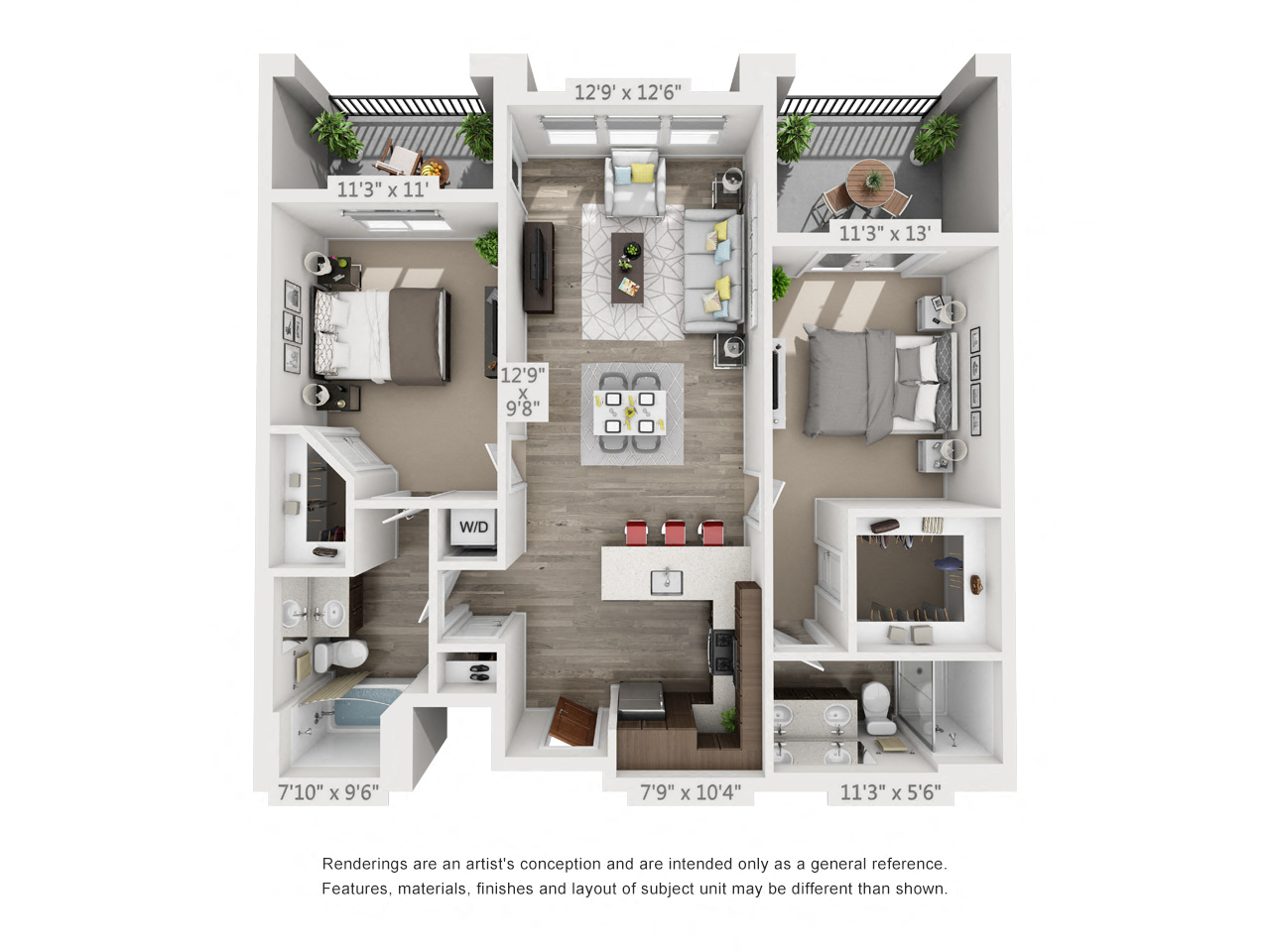 Rendering of the Olympus floor plan with 2 bedroom[s] and 2 bathroom[s] at 4th West