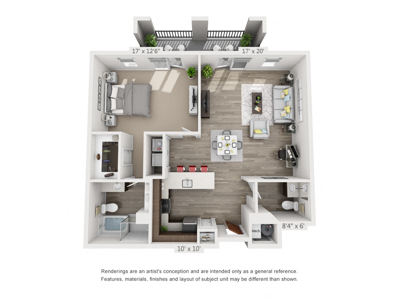 Rendering of the Cecret floor plan with 1 bedroom[s] and 1.5 bathroom[s] at 4th West