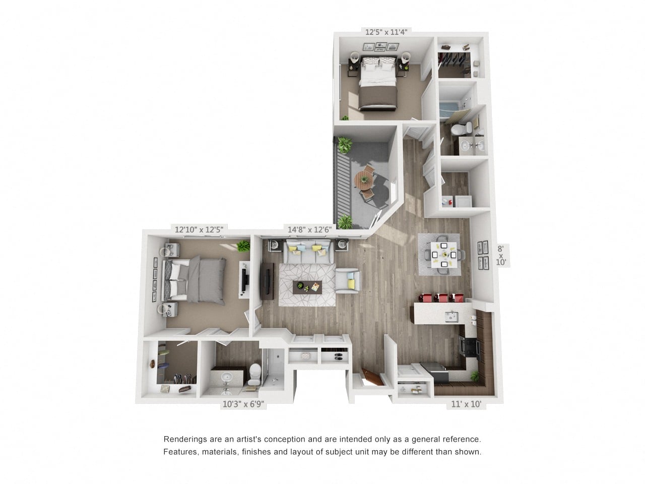 Rendering of the Red River floor plan with 2 bedroom[s] and 2 bathroom[s] at 4th West