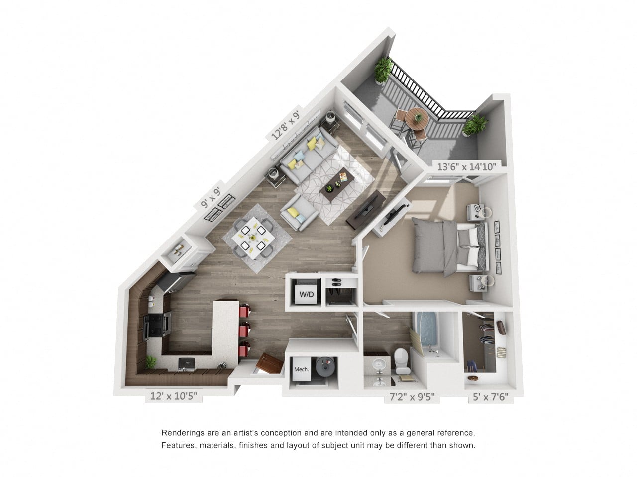 Rendering of the Shoreline floor plan with 1 bedroom[s] and 1 bathroom[s] at 4th West